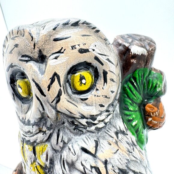 Vintage Hand-Painted Ceramic Owl Figurine Statue With Tree & Acorns - Picture 2 of 10